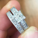 Milgrain Bridal Set Engagement Ring 3ct Princess Cut Diamond 14k White Gold Over