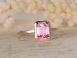 1.3ct Emerald Cut Pink Sapphire Engagement Ring Bezel Set 14k Rose Gold Finish