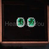 2ct Cushion Simulated Emerald Cluster Halo Stud Earrings 14k White Gold Plated