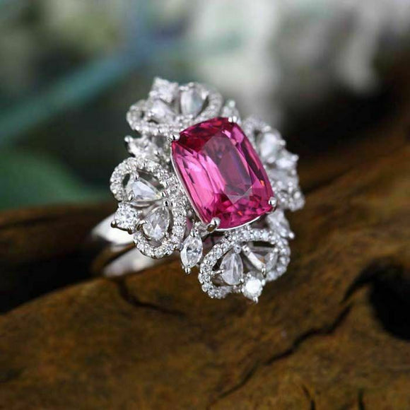 6Ct Cushion Cut Pink Sapphire Cocktail Engagement Ring 14K White Gold Finish