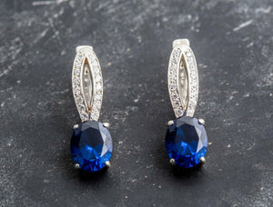 2ct Drop Earrings Oval Cut Blue Sapphire Split Design 14k White Gold Finish