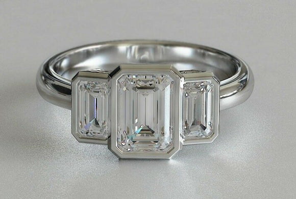 2ct Emerald Cut Diamond Engagement Ring Trilogy Bezel Set 14k White Gold Finish