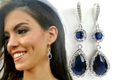 5ct Pear Cut Blue Sapphire Diamond Cocktail Drop Earrings 14k White Gold Finish