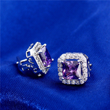 4Ct Princess Cut Purple Amethyst Diamond Halo Stud Earrings 18K White Gold Over