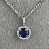 2Ct Round Cut Blue Sapphire Diamond Halo Pendant 14K White Gold Over WITH CHAIN