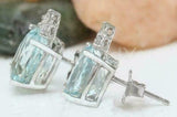 3ct Oval Cut Simulated Blue Aquamarine Crown Stud Earrings 14k White Gold Plated