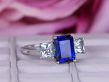 1.9ct Emerald Cut Blue Sapphire Engagement Ring Trilogy 14k White Gold Finish