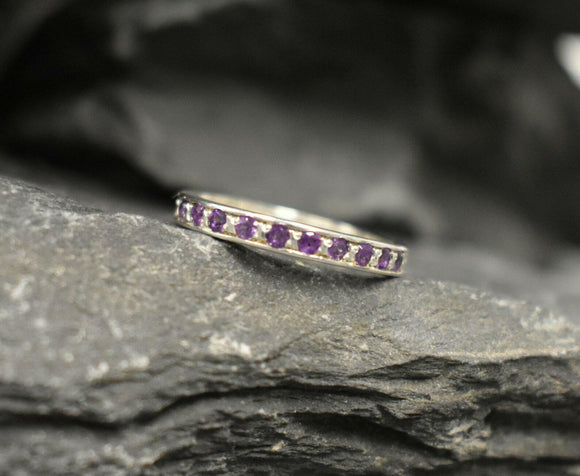 1ct Wedding Band Round Cut Purple Amethyst Half Eternity 14k White Gold Finish