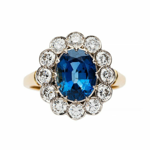 2.8ct Oval Blue Sapphire Engagement Ring Floral Halo Antique 14k Dual Gold Over