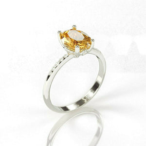 1.5Ct Oval Cut Yellow Citrine Solitaire Ring 14K White Gold Over Diamond Accents