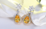 2.9ct Pear Cut Yellow Citrine Halo Teardrop Stud Earrings 14k Dual Tone Finish