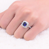 2ct Cushion Cut Blue Sapphire Double Halo Engagement Ring 14k White Gold Finish