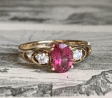 3ct Engagement Ring Pear Cut Pink Ruby Trilogy Split Shank 14k YellowGold Finish