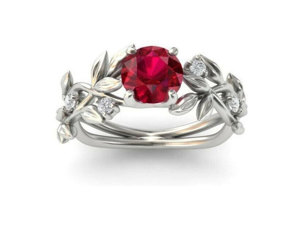 2ct Round Cut Pink Ruby Engagement Ring Flower Leaf Solitaire 14k WhiteGold Over