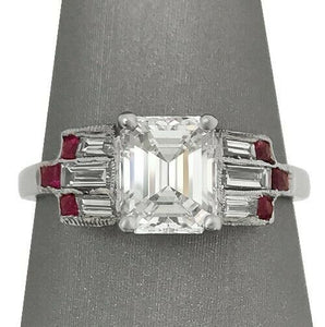 3Ct Emerald Cut Diamond Baguette Ruby Accent Vintage Ring 14K White Gold Finish