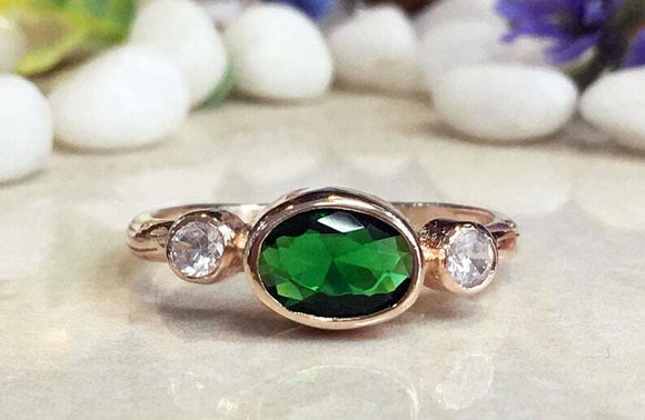 1.3ct Oval Cut Green Emerald Diamond Accent Trilogy Ring 14k Rose Gold Finish