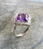 2ct Engagement Ring Asscher Cut Purple Amethyst Diamond Halo 14k White Gold Over