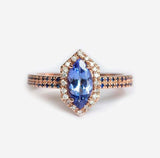 1.5ct Marquise Cut Blue Tanzanite Halo Dual Row Accent Ring 14k Rose Gold Finish