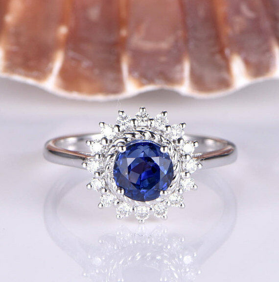 2ct Round Cut Blue Sapphire Engagement Ring 14k White Gold Finish Vintage Floral