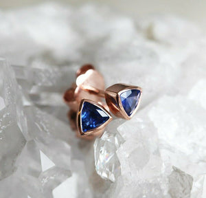 2ct Trillion Cut Blue Sapphire Bezel Solitaire Stud Earrings 14k RoseGold Finish