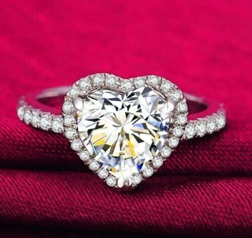 3Ct Heart Cut Diamond Halo Round Accents Engagement Ring 14K White Gold Finish