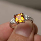 2ct Asscher Yellow Citrine Trilogy Wedding Engagement Ring 14k White Gold Finish