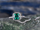 2.3Ct Cushion Cut Green Emerald Bridal Set Engagement Ring 14K White Gold Finish