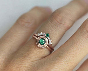 1.5ct Round Green Emerald Engagement Ring 14k Rose Gold Finish Curved Bridal Set