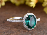 2.1ct Oval Cut Green Emerald Engagement Ring Diamond Halo 14k White Gold Finish