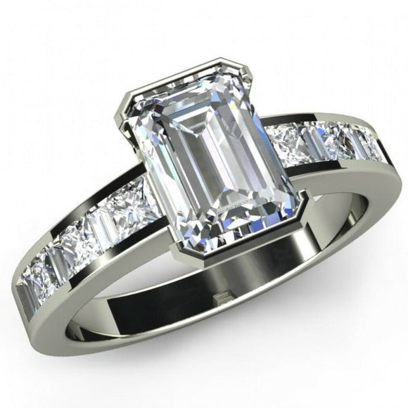 2ct Emerald Cut Diamond Bezel Channel Engagement Ring In 14k White Gold Finish