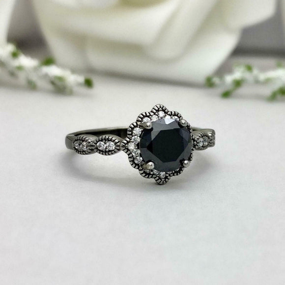 1.5ct Engagement Ring Round Cut Black Diamond Halo Vintage 14k Black Gold Finish