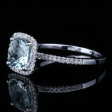 1.4ct Cushion Cut Blue Aquamarine Halo Engagement Ring 18k White Gold Finish