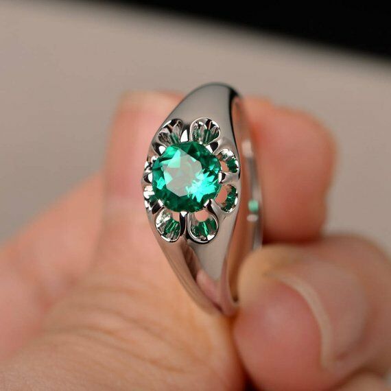 1ct Round Cut Green Emerald Floral Solitaire Engagement Ring 14k White Gold Over