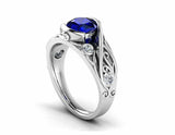 2ct Round Blue Sapphire Leaf Vine Solitaire Round Accent Ring 14k WhiteGold Over