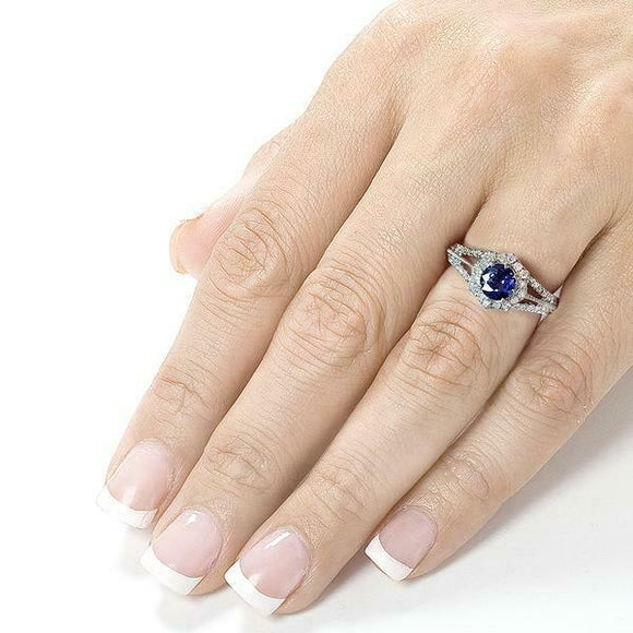 3.5Ct Round Cut Blue Sapphire Split Shank Engagement Ring 14K White Gold Finish