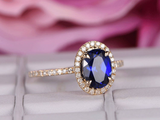 2ct Oval Cut Blue Sapphire Diamond Halo Round Accent Ring 14k Yellow Gold Finish