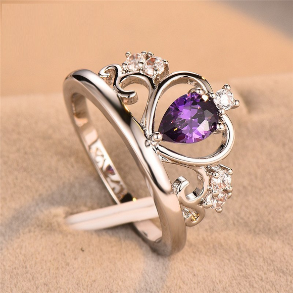 2ct Pear Purple Amethyst Engagement Ring 14k White Gold Finish Heart Shape Crown