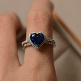 2ct Engagement Ring Heart Cut Blue Sapphire Halo Bridal Set 14k White Gold Over