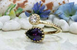 1.4ct Engagement Ring Pear Cut Purple Amethyst Open Cuff 14k Yellow Gold Finish