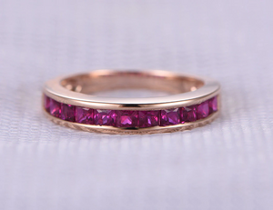 1.7ct Princess Cut Pink Ruby Wedding Band Half Eternity 14k Rose Gold Finish