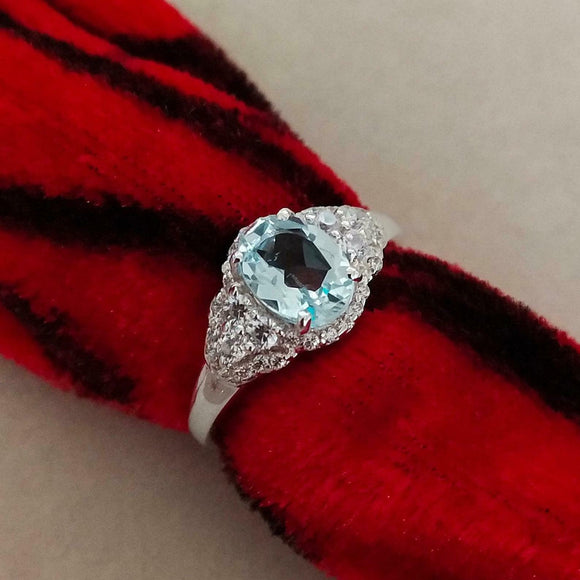 2ct Engagement Ring Oval Cut Blue Aquamarine Cluster Halo 14k White Gold Finish