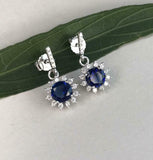 1.5ct Round Cut Blue Sapphire Diamond Floral Drop Earrings 14k White Gold Finish