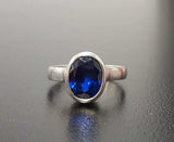 2ct Engagement Ring Oval Cut Blue Sapphire Bezel Set 14k White Gold Finish