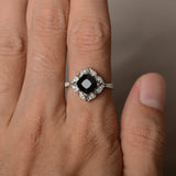 1.5ct Cushion Black Diamond Engagement Ring 14k White Gold Finish Floral Promise