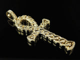 0.7ct Round Cut VVS1D Diamond Pendant Cuban Link Ankh Cross 14k Yellow Gold Over