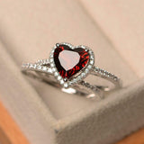 2ct Engagement Ring Heart Cut Red Garnet Halo Bridal Set 14k White Gold Finish