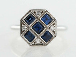 2.7ct Princess Cut Blue Sapphire Art Deco Milgrain Ring 14k White Gold Finish