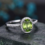 0.9Ct Oval Cut Green Peridot Halo Solitaire Engagement Ring 14K White Gold Over