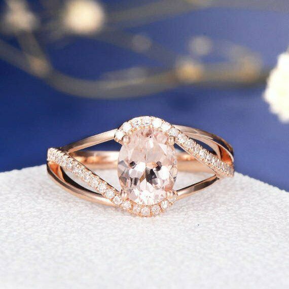 1.3ct Oval Cut Peach Morganite Engagement Ring 18k Rose Gold Finish Split Shank