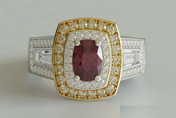 4ct Cushion Cut Pink Ruby Engagement Ring Double Halo 14k Dual Gold Finish